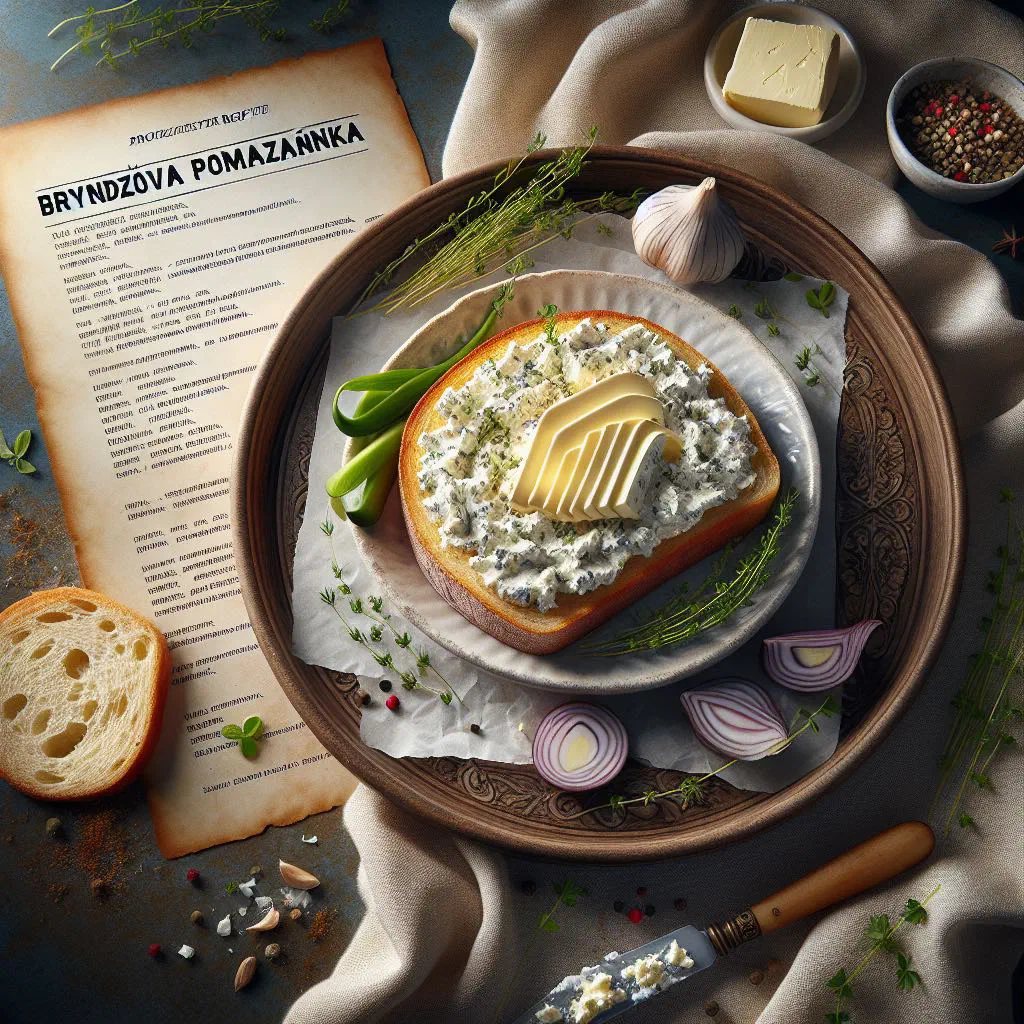 Creamy bryndza sheep's cheese spread garnished with fresh parsley, served with bread