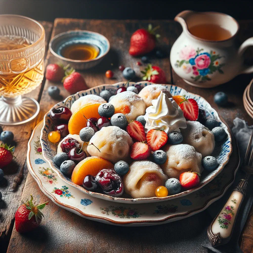 Soft fruit-filled dumplings dusted with sugar and drizzled with butter