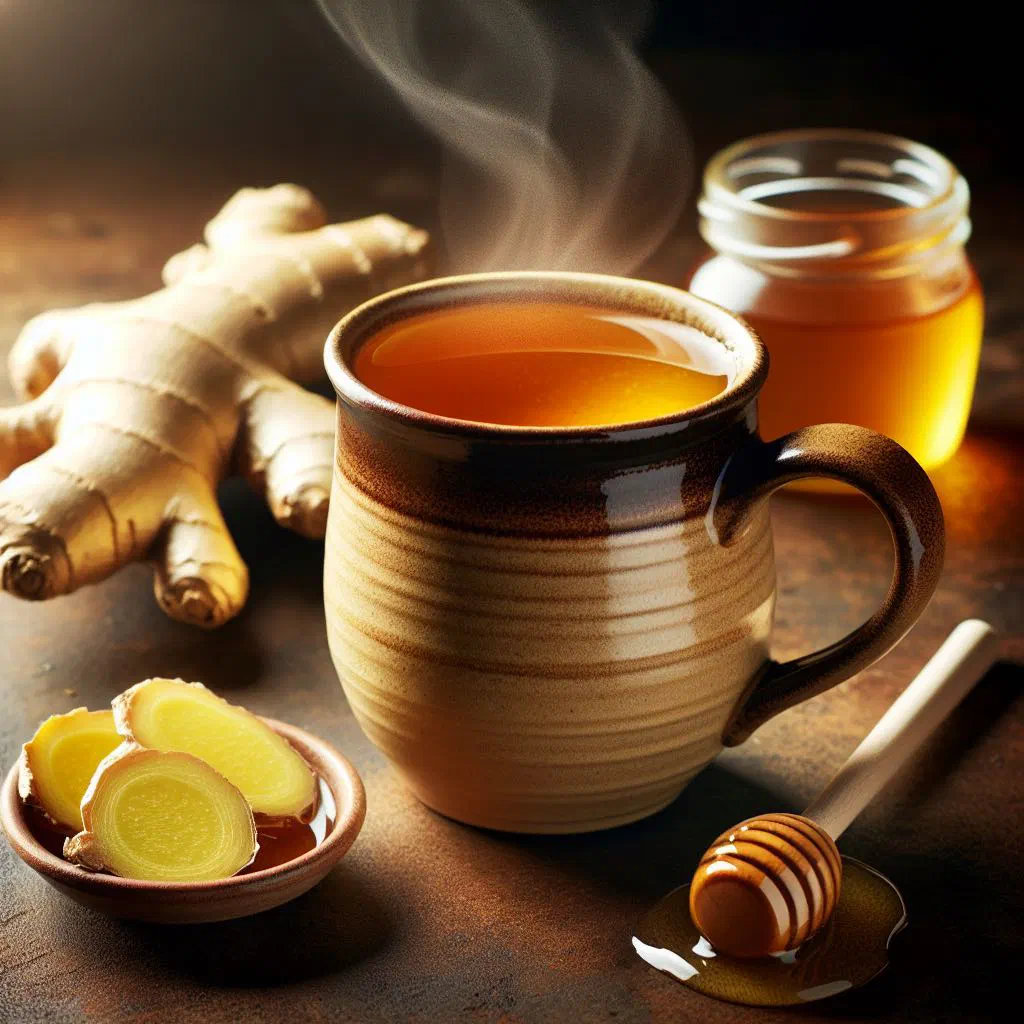 A steaming cup of golden ginger tea with honey and a slice of lemon