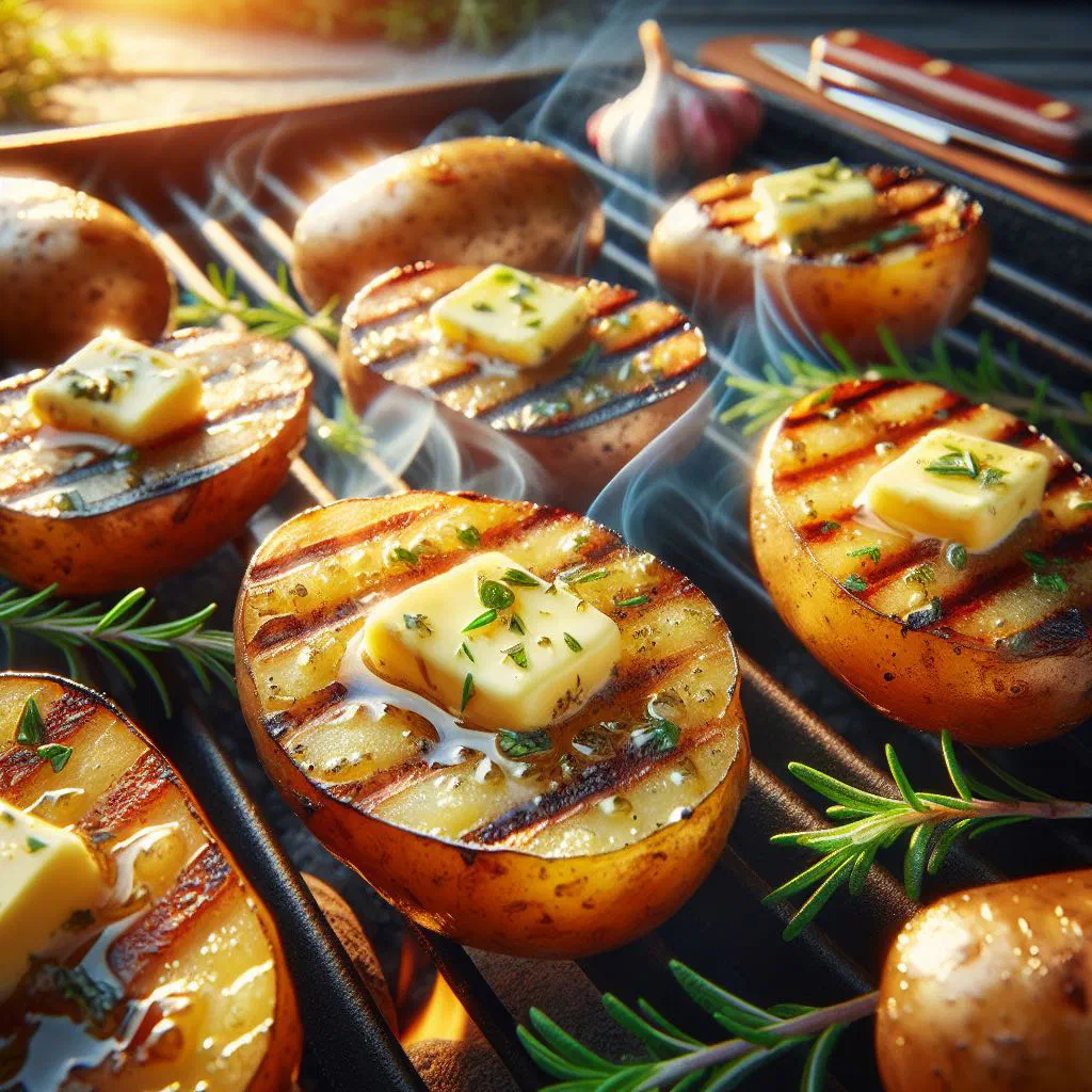 Foil-grilled potatoes topped with melting butter and fresh herbs