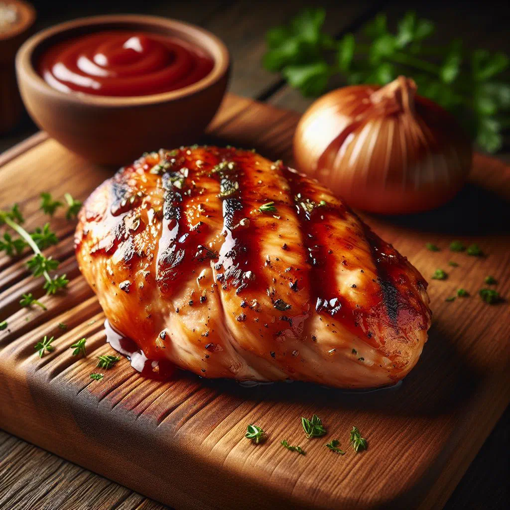 Marinated grilled chicken with crispy paprika-spiced skin, fresh from the barbecue