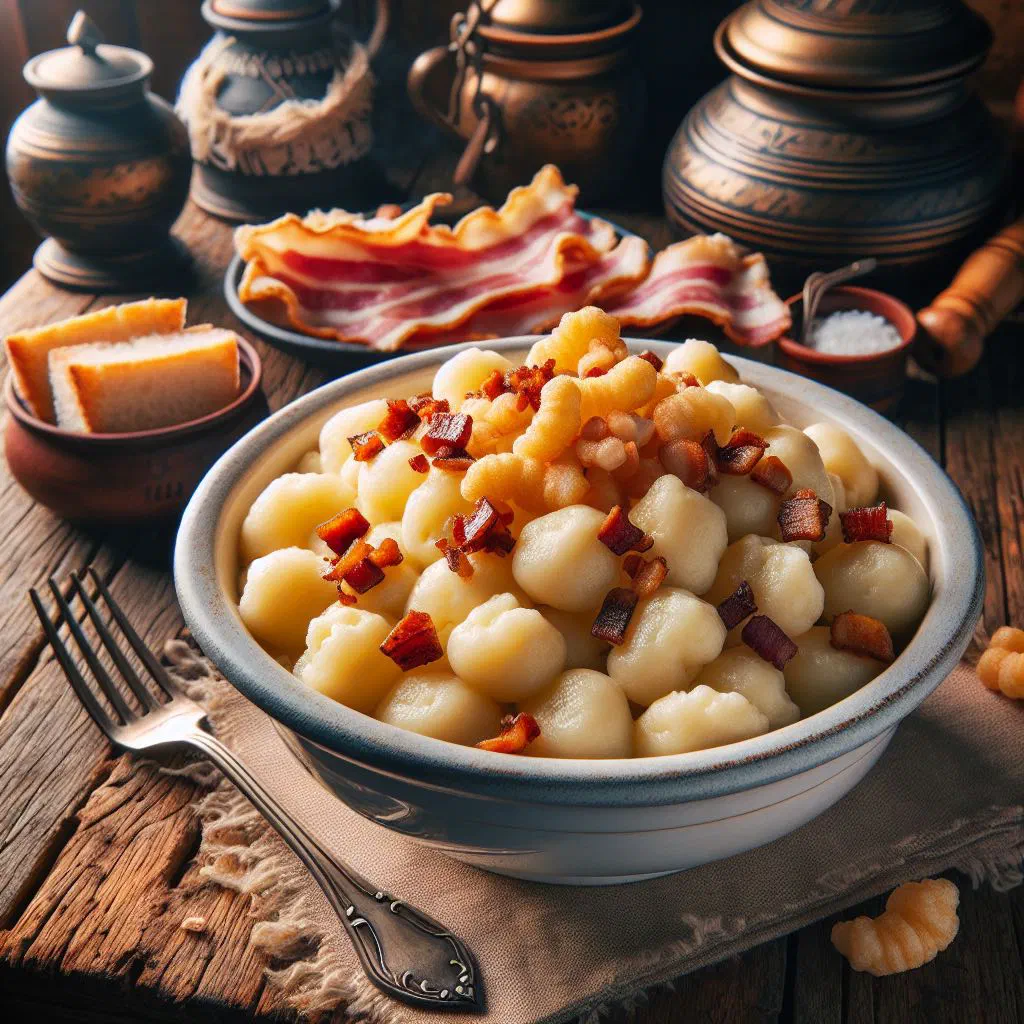 Slovak potato dumplings topped with quark and crispy pork crackling