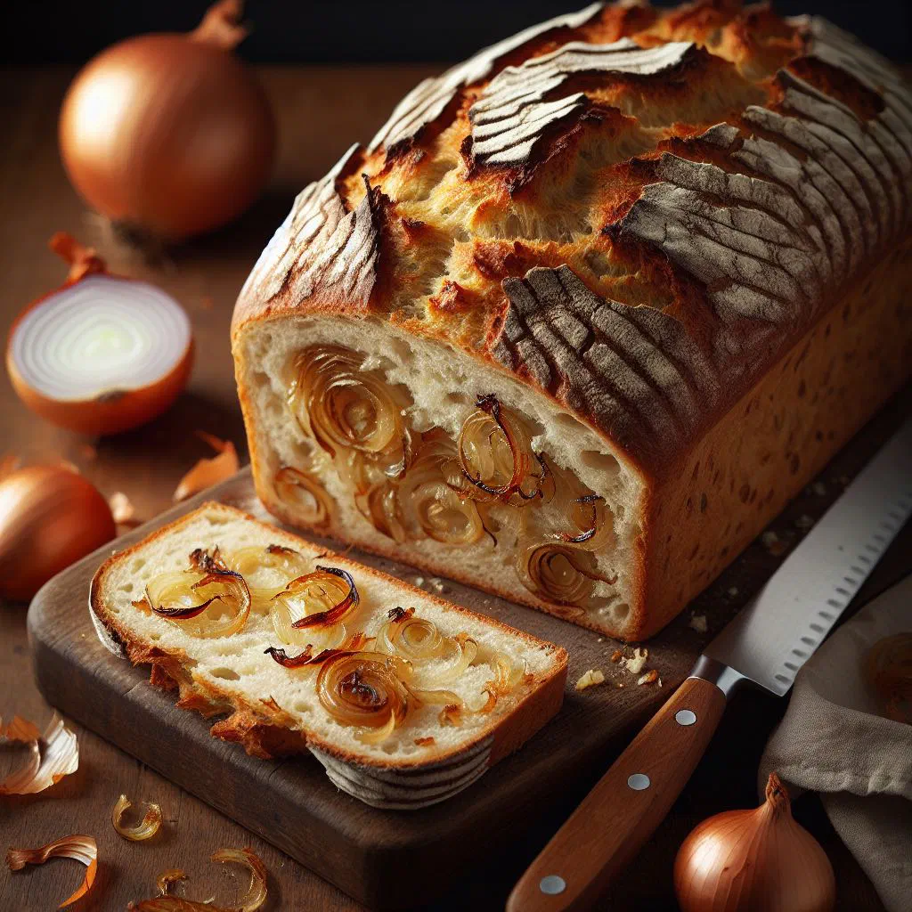 Loaf of homemade Slovak onion bread with golden caramelised onions