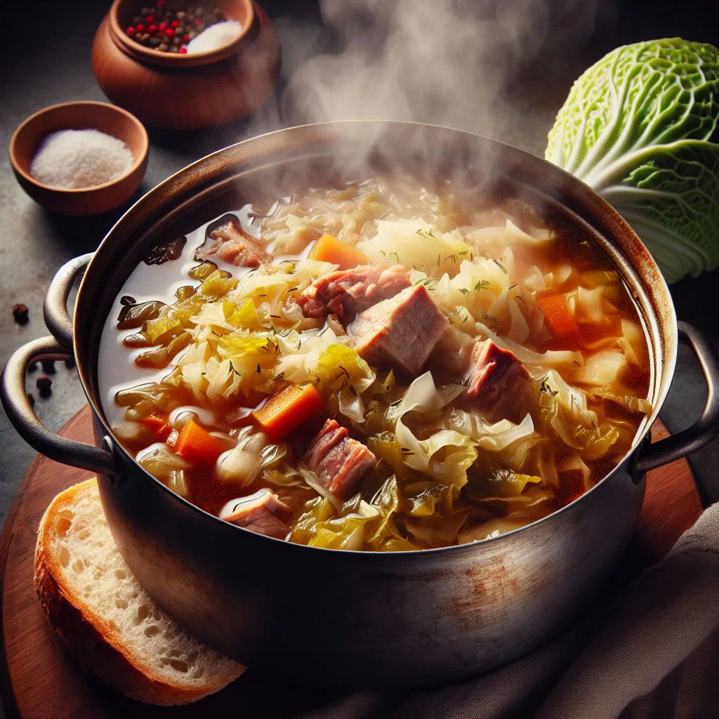 A bowl of kapustnica, traditional Slovak sauerkraut soup with smoked sausage