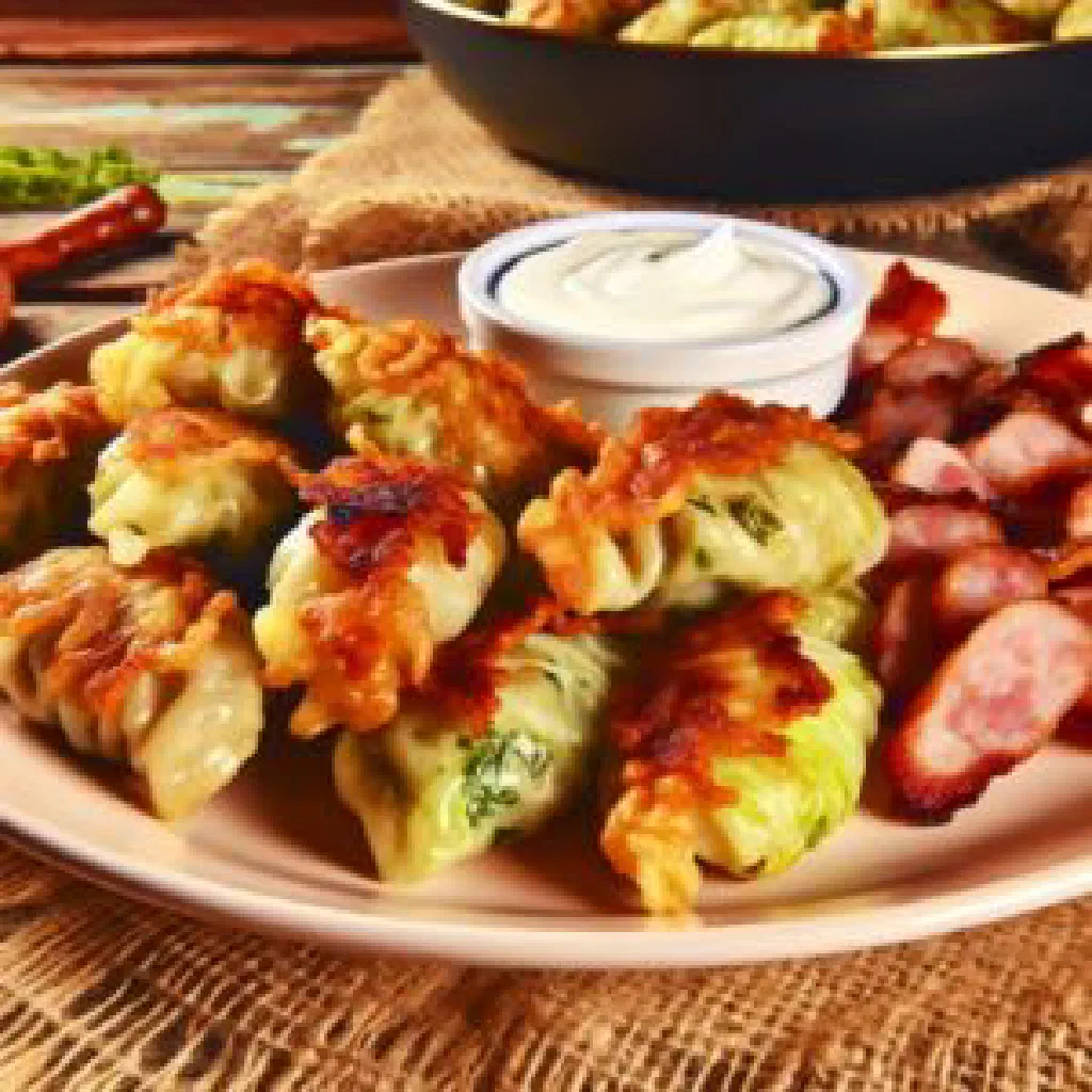 Golden-fried Kapustové Šišky dumplings filled with sauerkraut on a plate