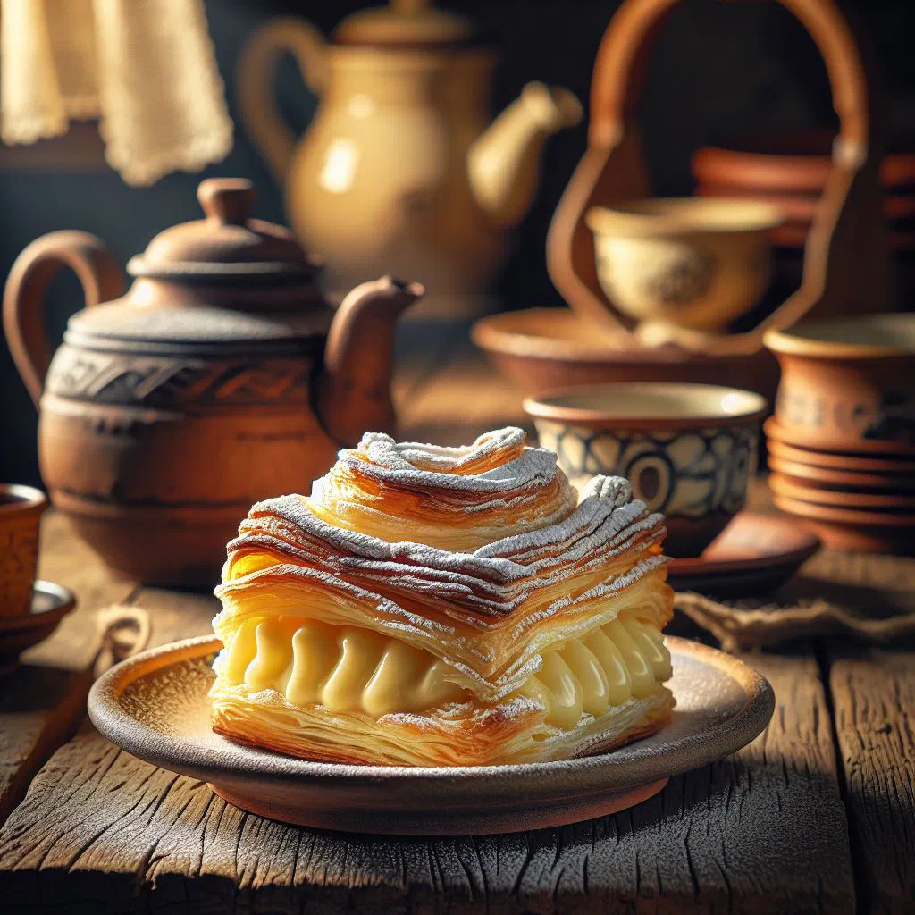 Slovak krémeš slice with layers of puff pastry and vanilla custard dusted with icing sugar