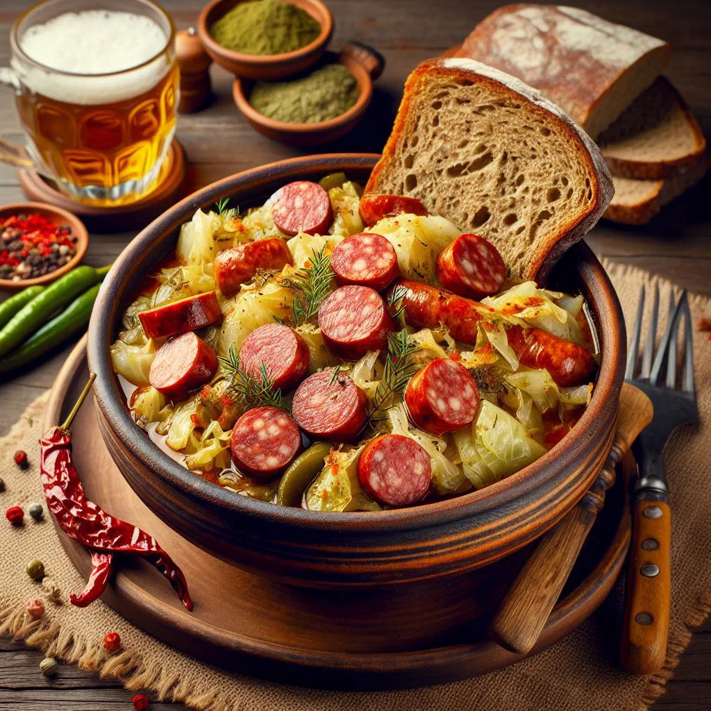 Braised Slovak sauerkraut with onions and caraway in a rustic bowl