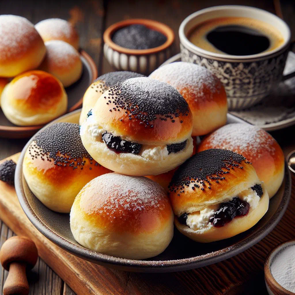 Fluffy filled Slovak yeast buns dusted with icing sugar on a plate
