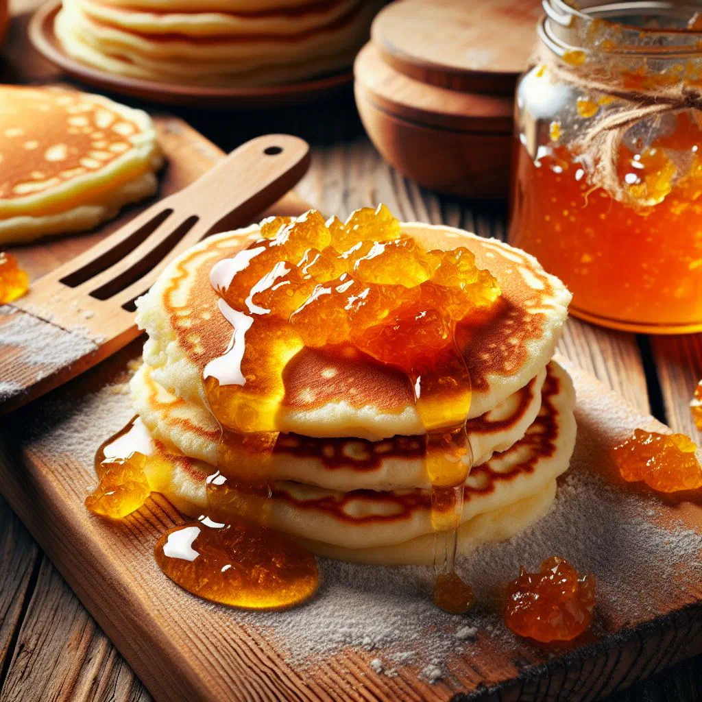 Fluffy Slovak yeast pancakes stacked on a plate with fruit jam