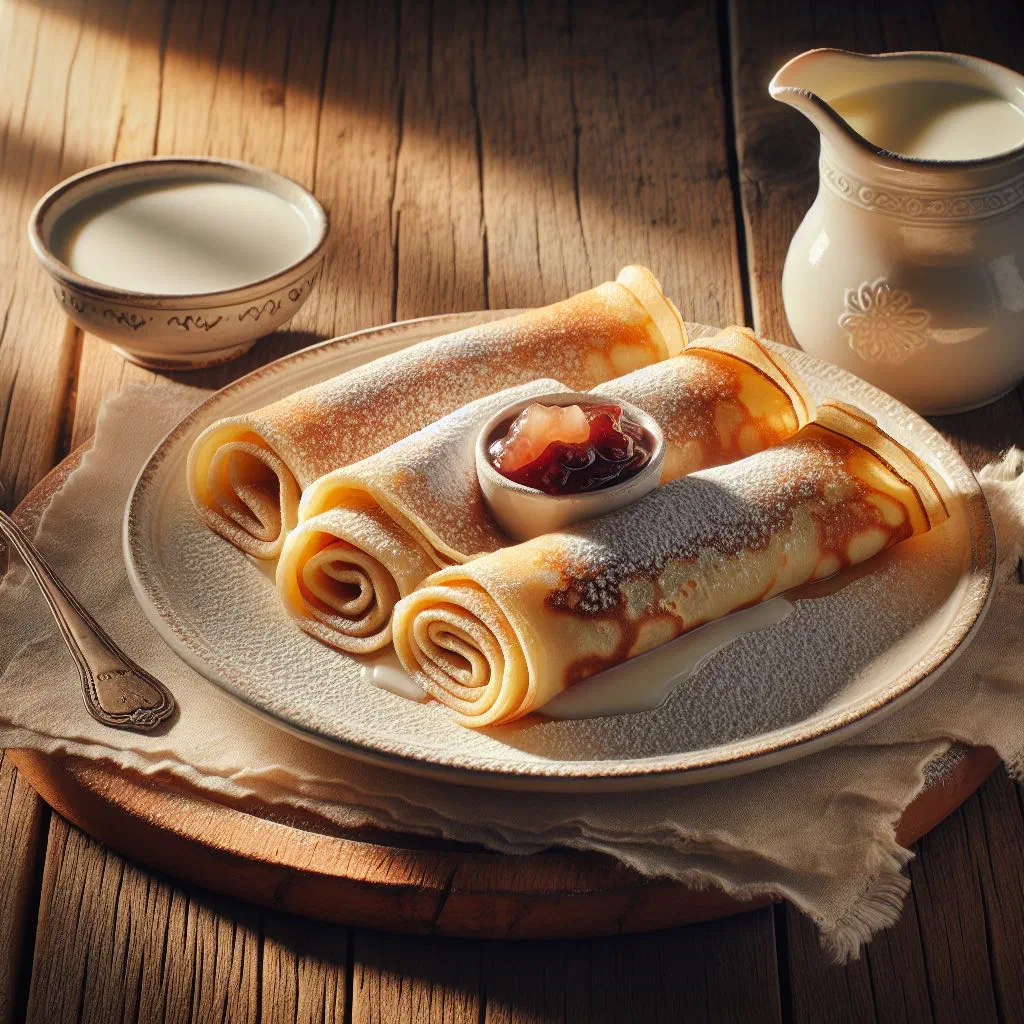 Fluffy Slovak yeasted pancakes filled with jam and dusted with icing sugar