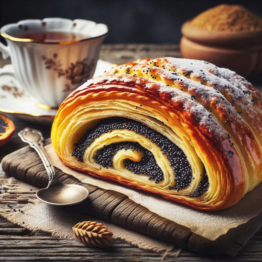Slovak poppy seed yeast cake dusted with icing sugar, sliced on a plate