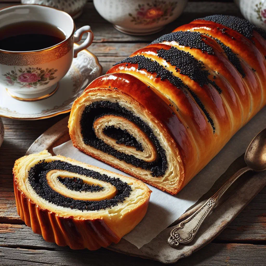 Slovak makovník poppy seed cake dusted with icing sugar