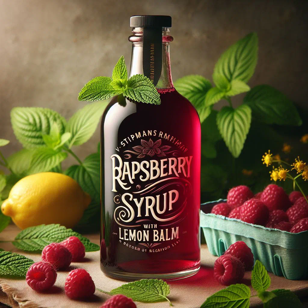 Bottle of homemade raspberry and lemon balm syrup with fresh raspberries