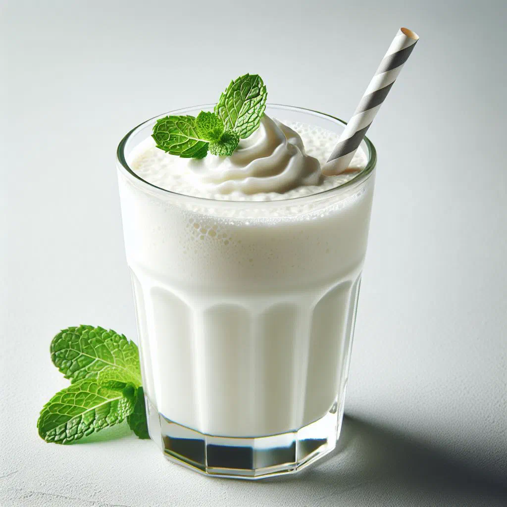 Creamy berry milk smoothie served in a tall glass with fresh fruit