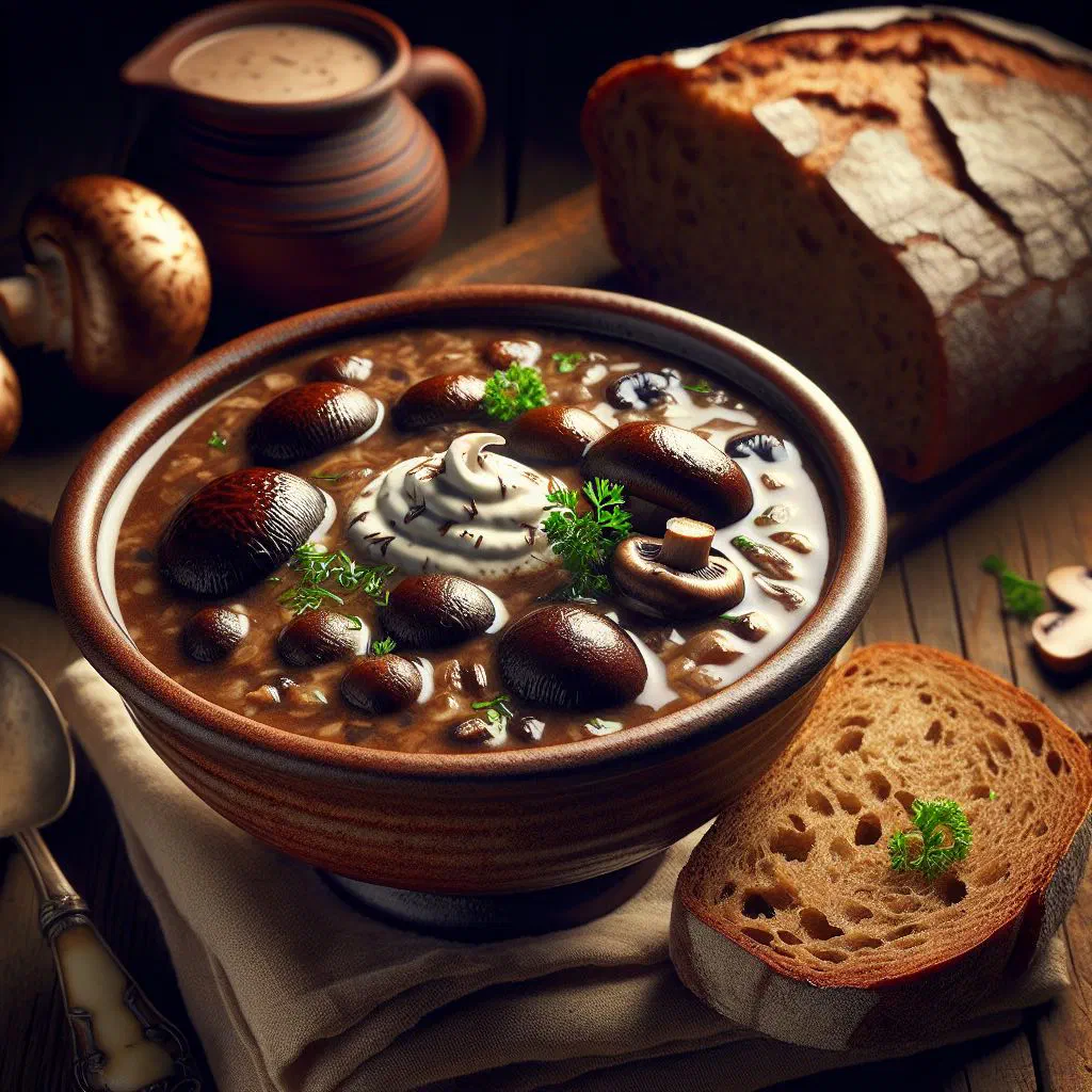 A bowl of creamy Slovak wild mushroom soup garnished with fresh parsley