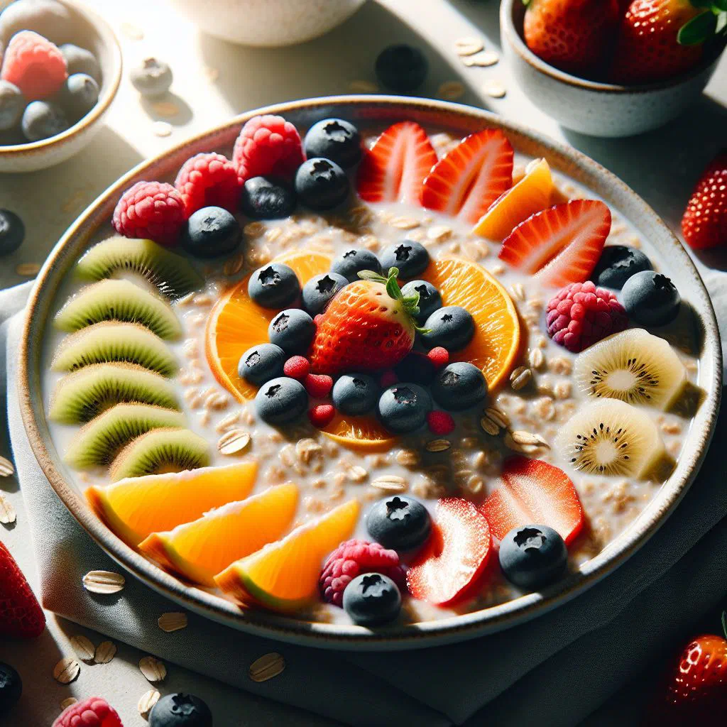 Creamy oat pudding topped with fresh berries and banana slices