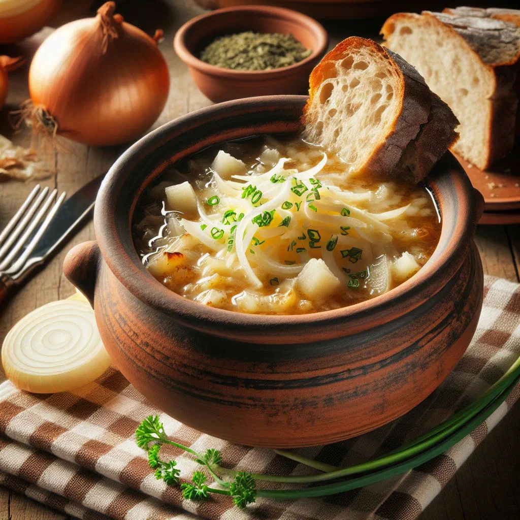 Bowl of Slovakian onion soup with caramelised onions and bread