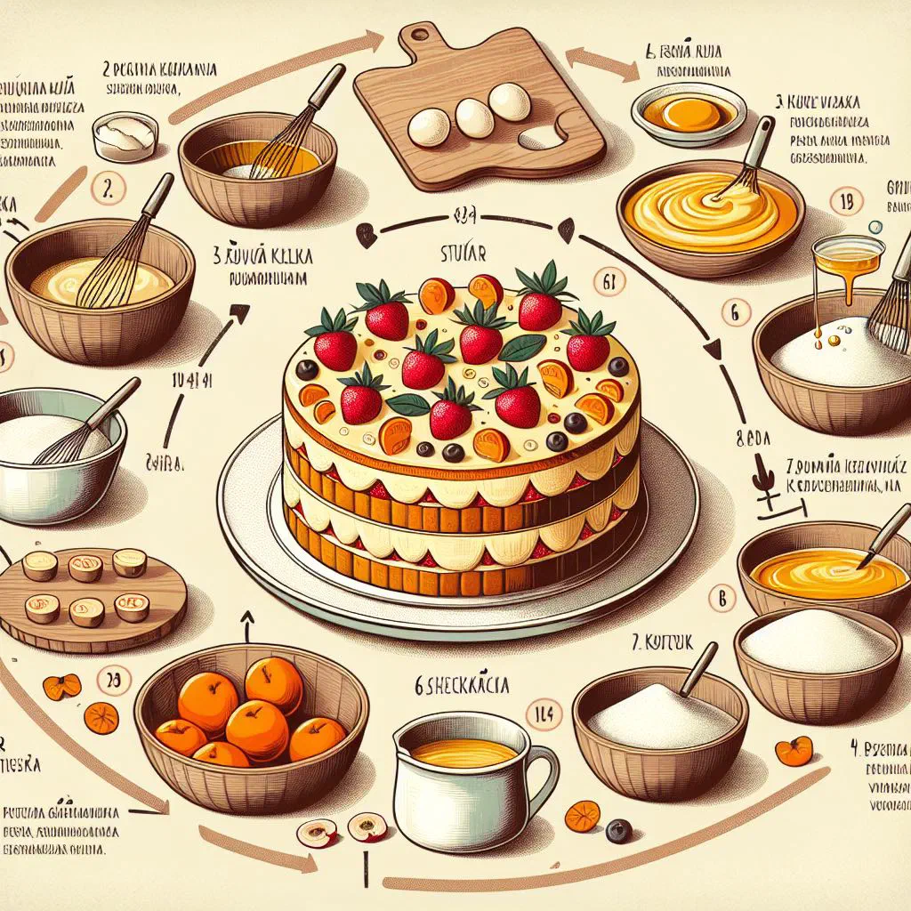 Golden Slovak fruit cake dusted with icing sugar and topped with fresh fruit