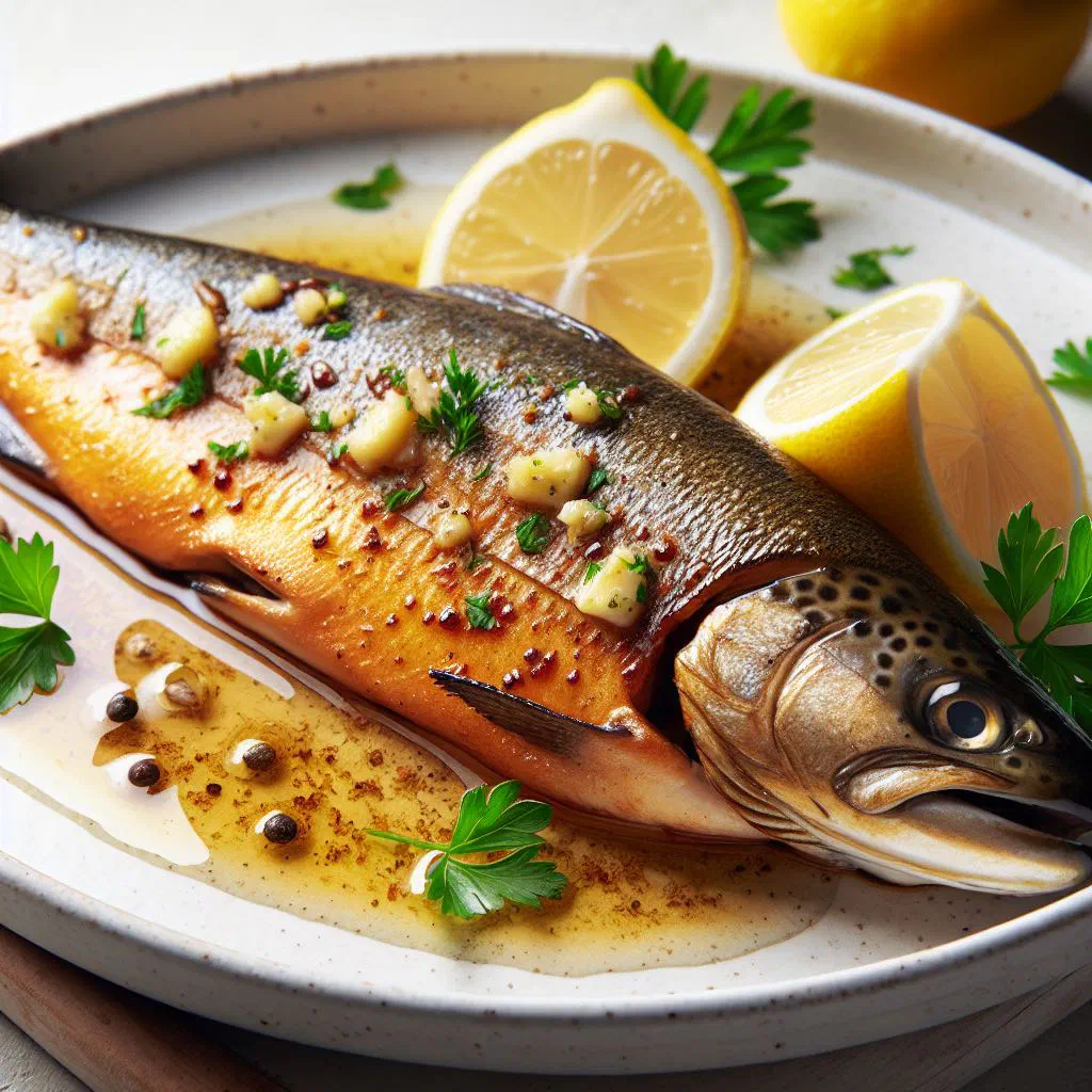Pan-fried trout fillet with melted garlic butter, lemon and fresh dill