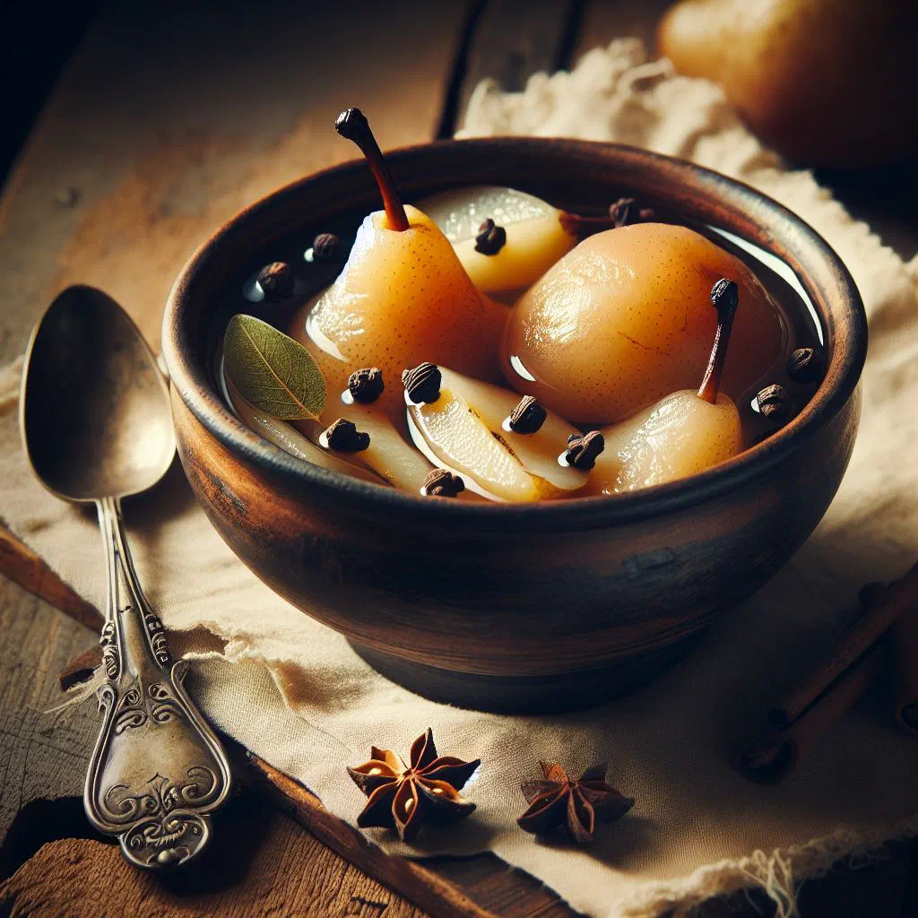 Warm pear compote with cloves and cinnamon served in a glass bowl
