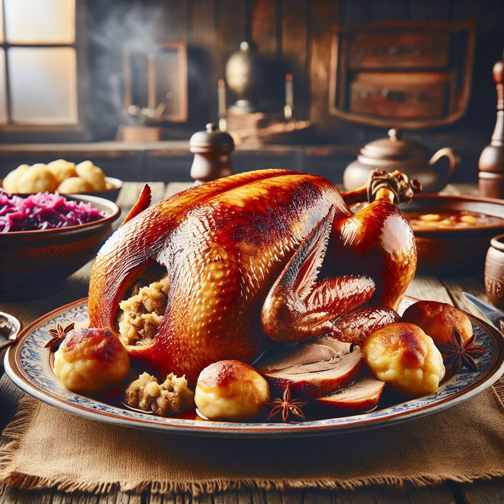 Roast goose with crisp golden skin served with dumplings and sauerkraut
