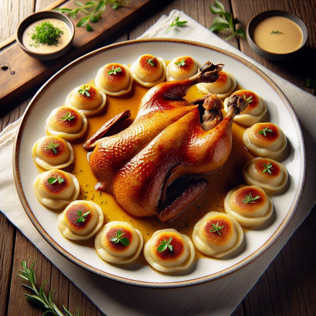 Roast duck with golden potato flatbreads on a serving platter