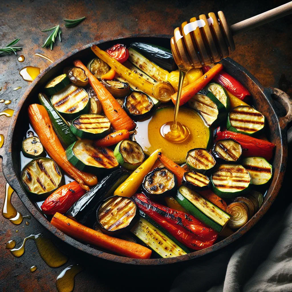 Roasted seasonal vegetables glazed with honey and fresh herbs