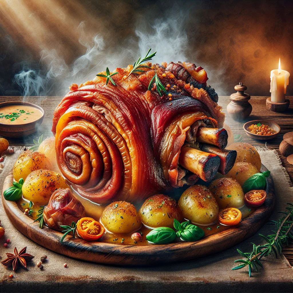 Roasted Slovak pork knuckle with crispy crackling on a wooden board