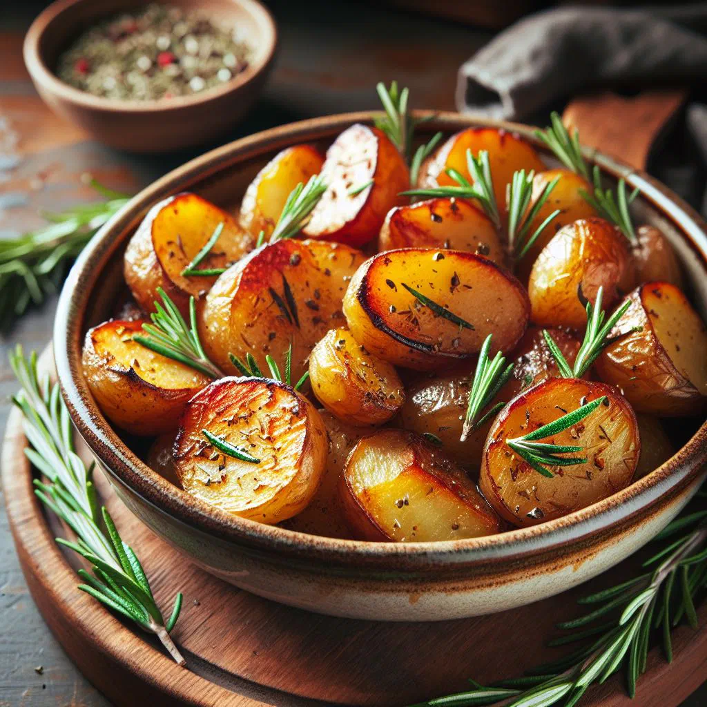 Golden roasted potatoes tossed with fresh rosemary on a baking tray