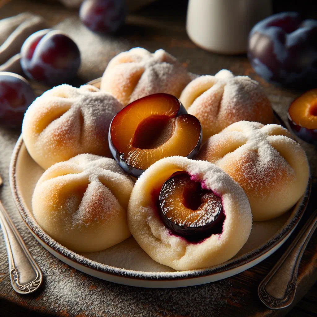 Slovak plum dumplings dusted with icing sugar on a plate