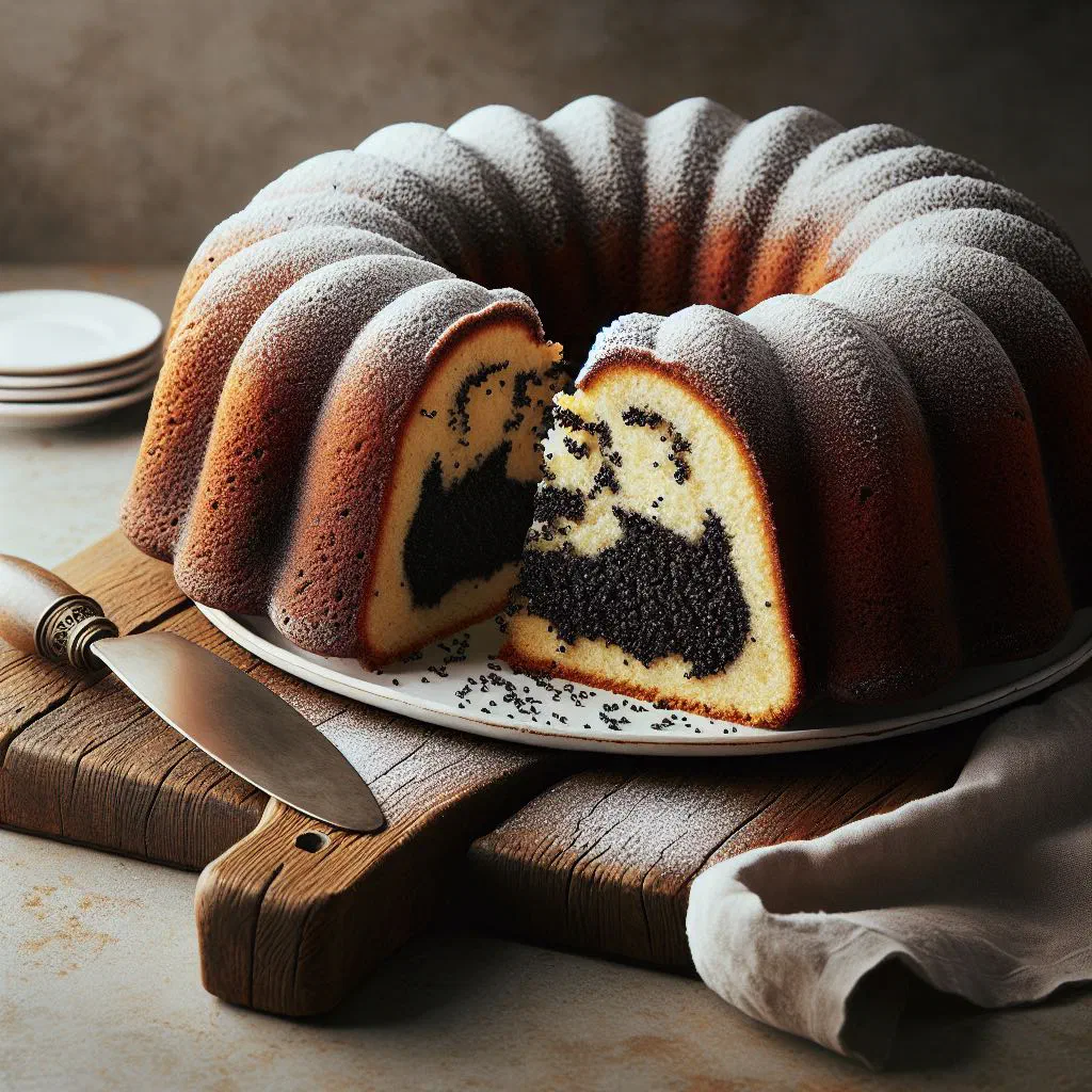 Slovak poppy seed bundt cake dusted with icing sugar on a plate