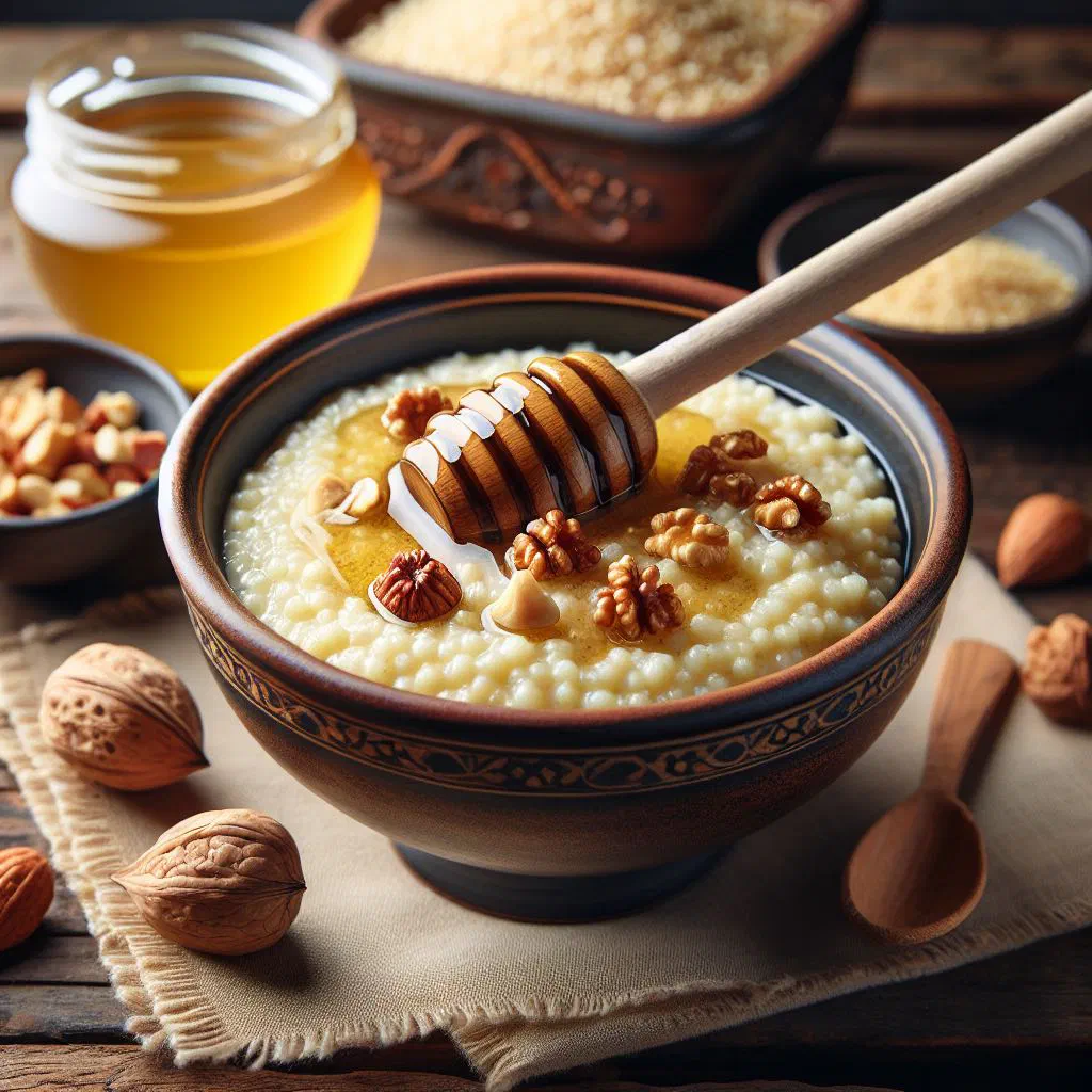 Bowl of warm buckwheat porridge drizzled with honey and topped with chopped nuts