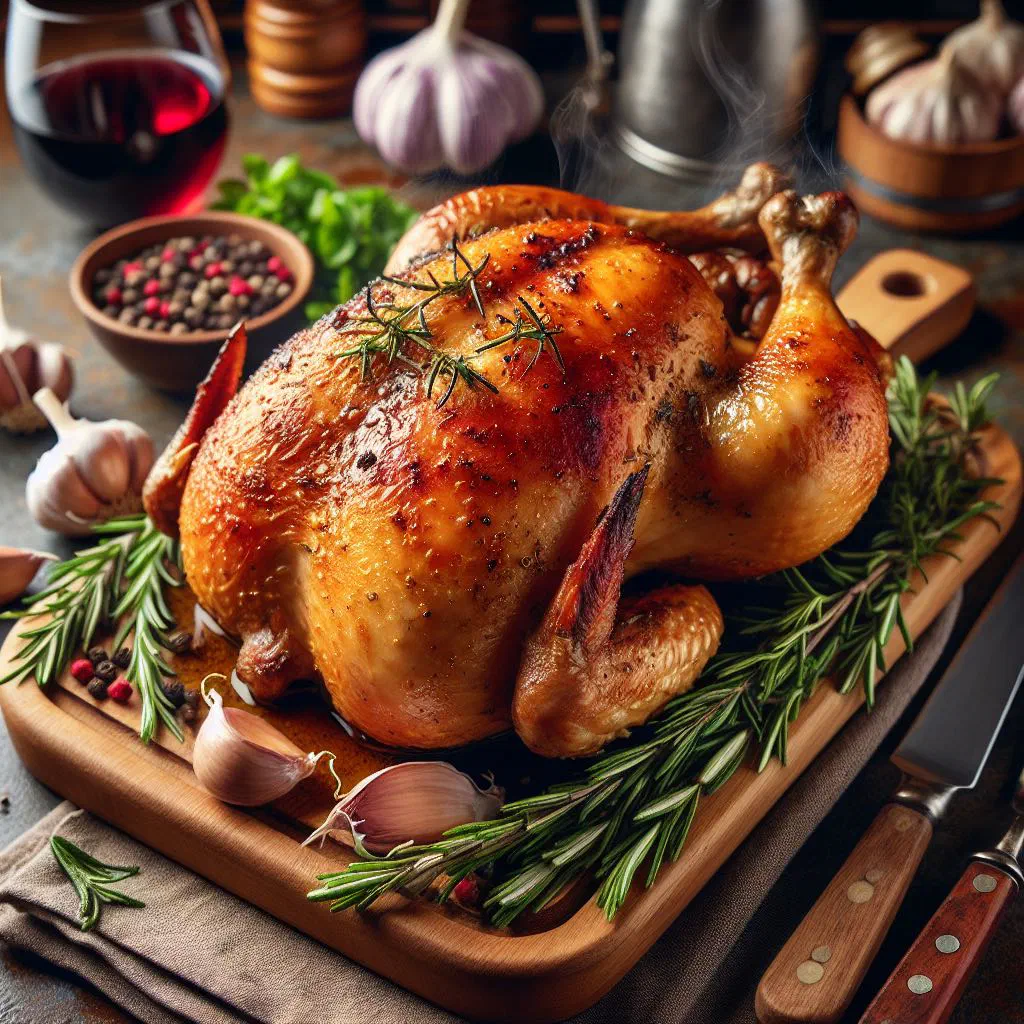 Golden roast chicken with crispy skin and fresh herbs