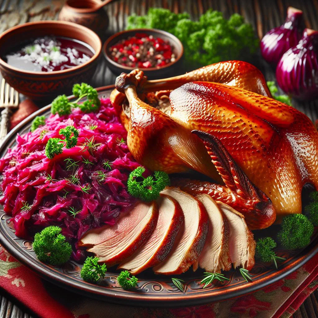 Carved roast goose with crispy skin served alongside braised red cabbage