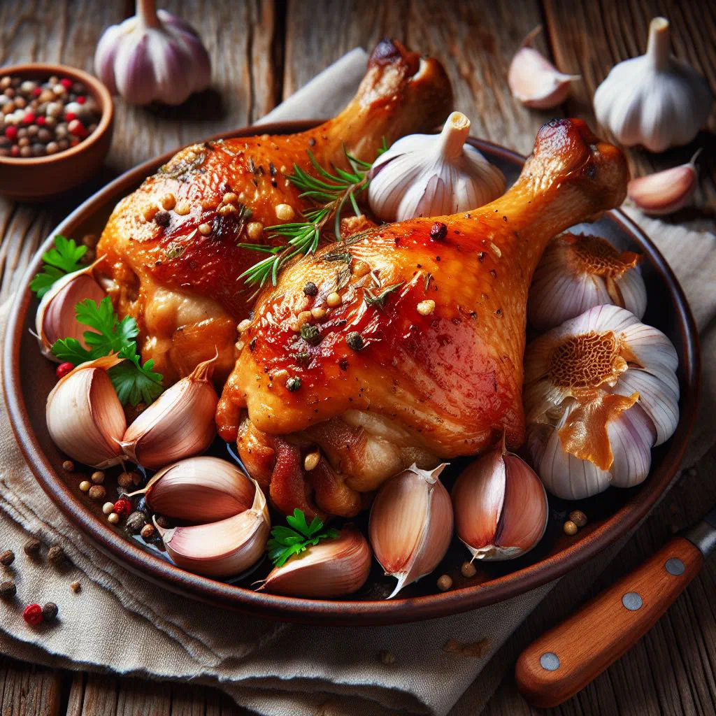 Golden roasted chicken thighs with garlic and fresh herbs on a serving board
