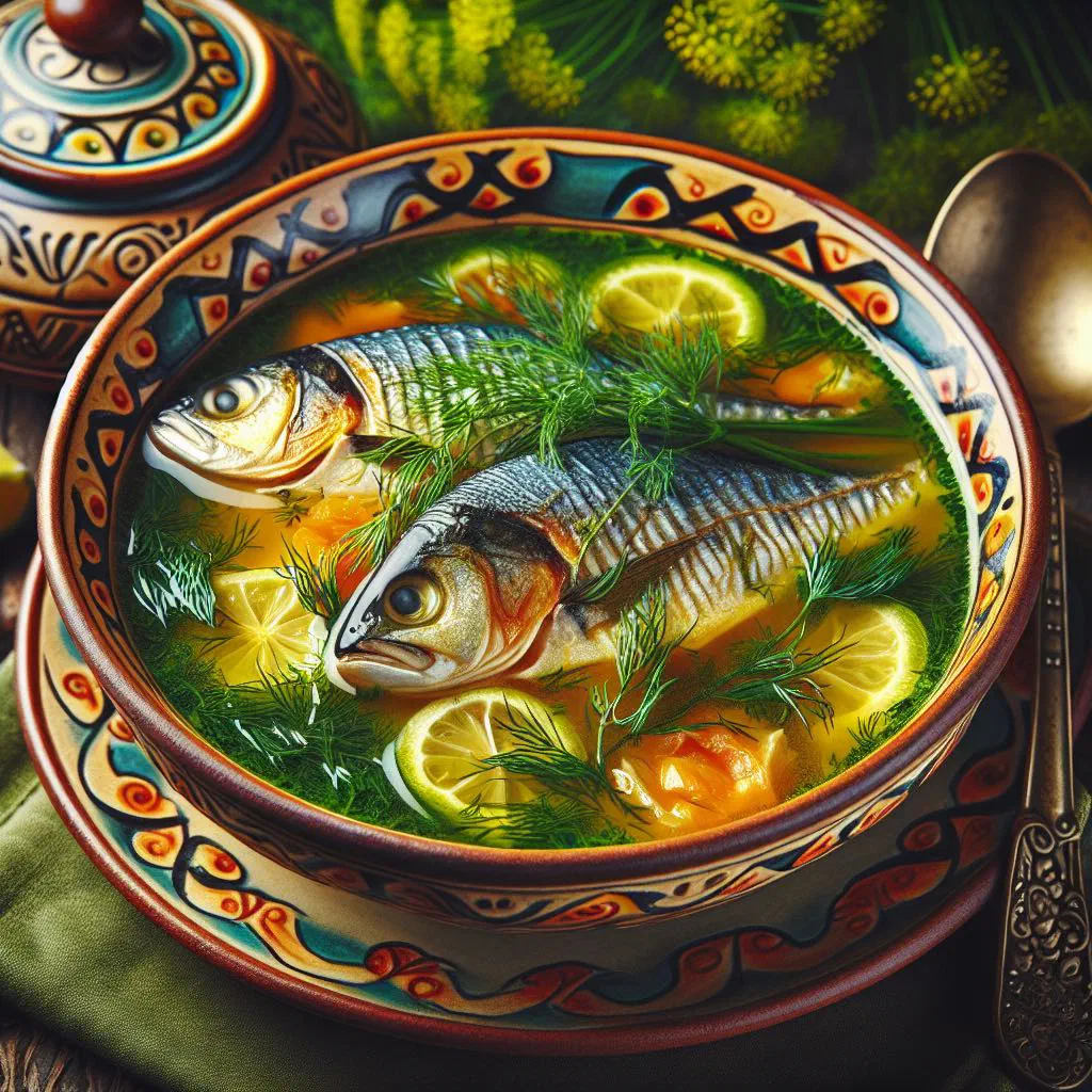 Bowl of Slovak fish soup garnished with fresh dill