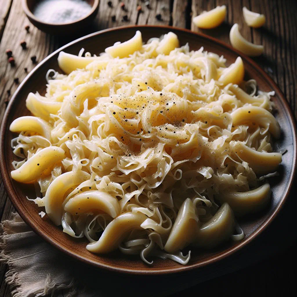 A bowl of sauerkraut pasta squares topped with golden fried onions