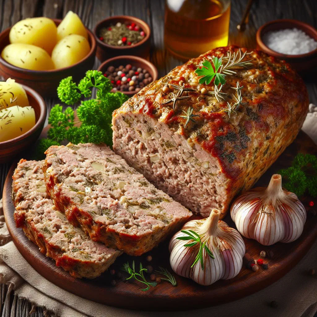 Sliced Slovak meatloaf sekaná served warm with potatoes