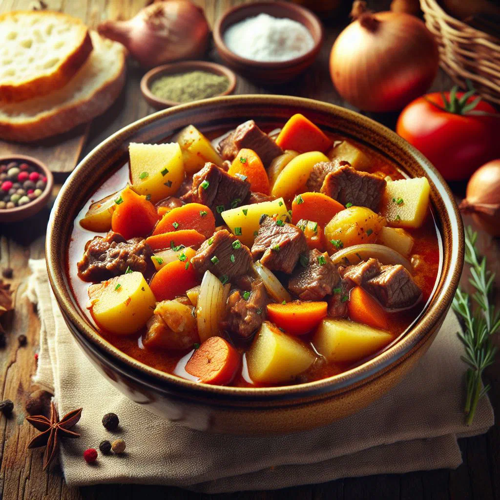 Bowl of Slovak goulash with tender beef, potatoes and peppers in a rich paprika broth