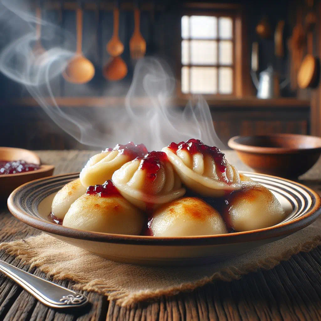Slovak pirohy filled with fruit jam, dusted with icing sugar
