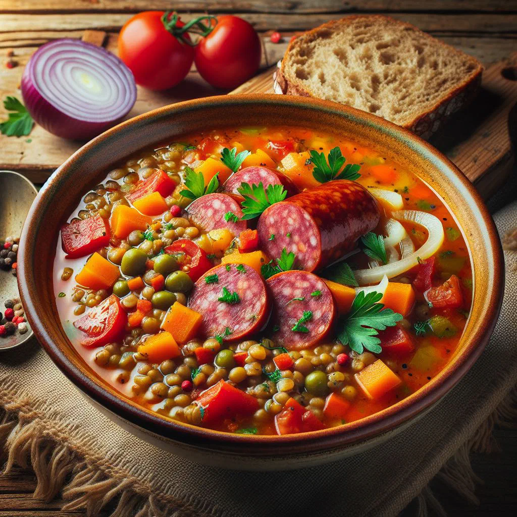 Bowl of Slovak lentil soup with sliced sausage and fresh herbs