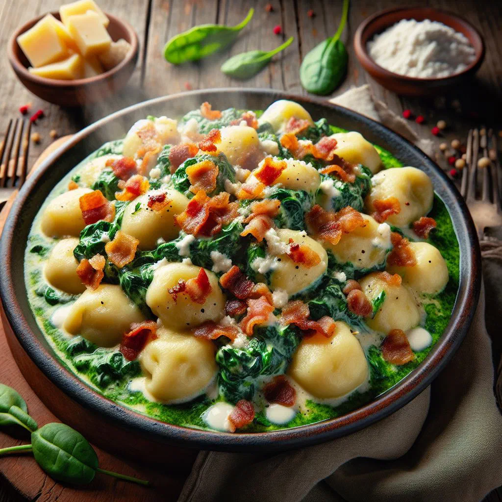 Spinach potato dumplings tossed in butter with a crisp bacon topping