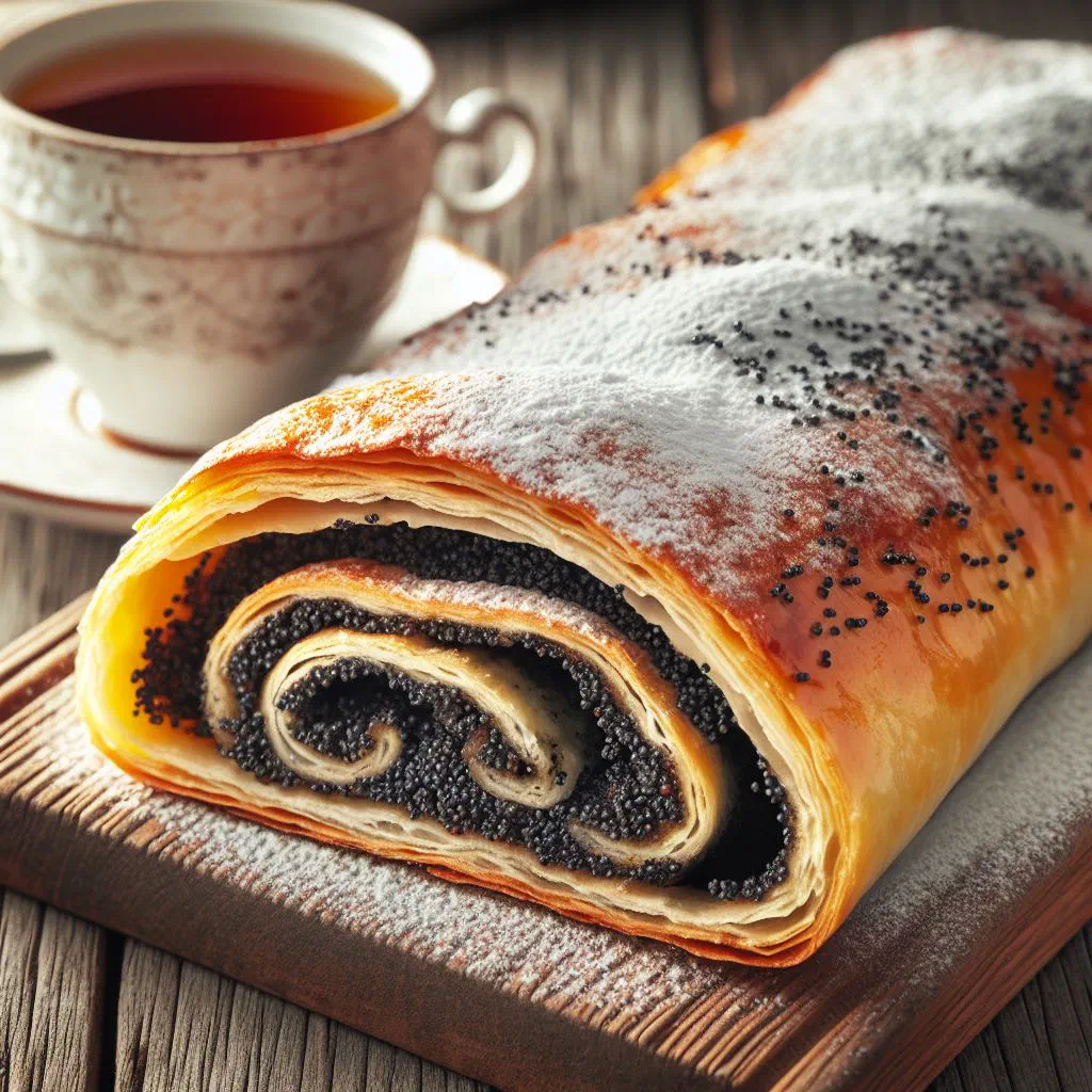 Sliced Slovak poppy seed strudel dusted with icing sugar