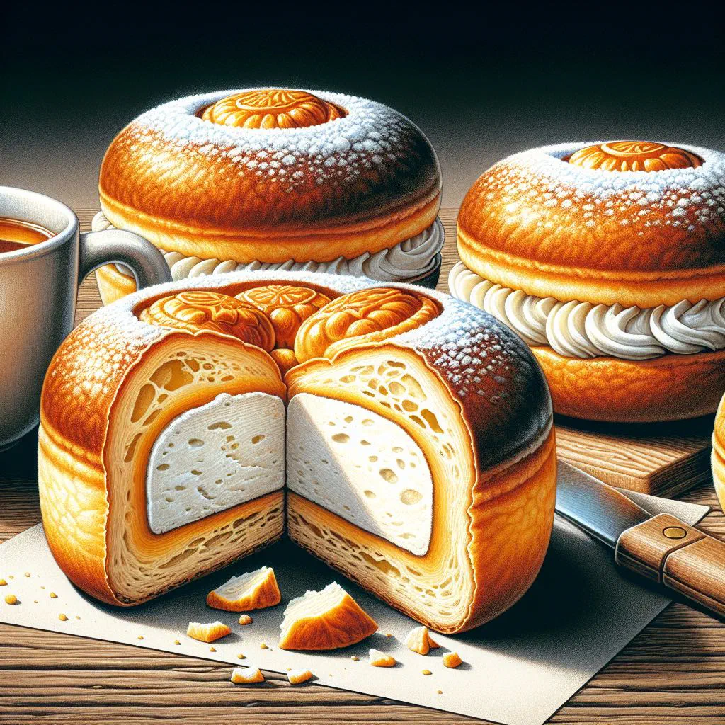 Soft golden quark-filled yeast koláče dusted with icing sugar