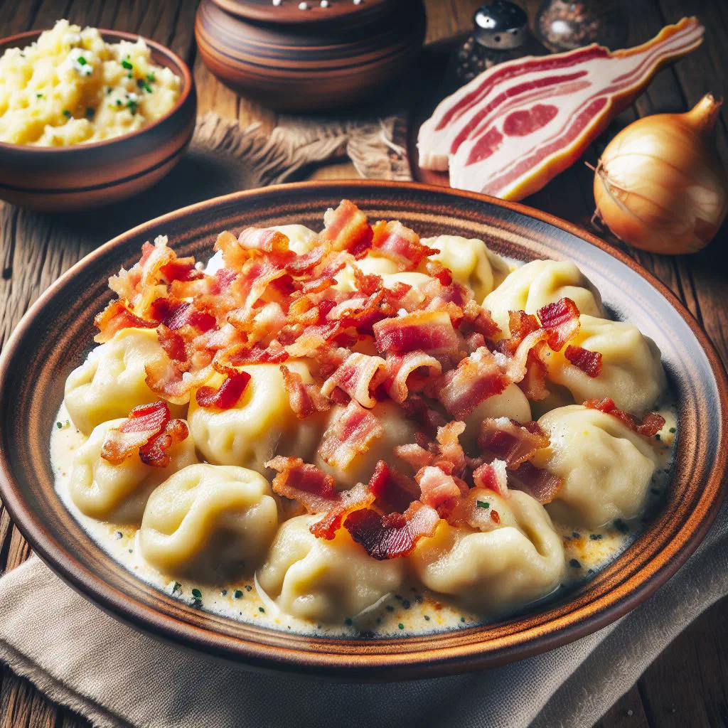 Soft potato dumplings topped with melted sheep's cheese and crispy bacon
