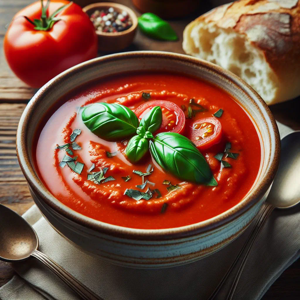 Creamy Slovak tomato soup with basil, drizzled with olive oil and served with bread