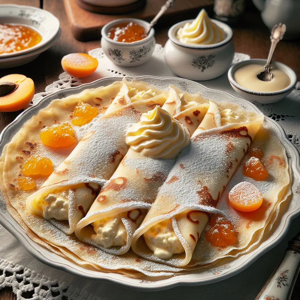 Slovak tvarohové palacinky filled with sweet quark and dusted with icing sugar