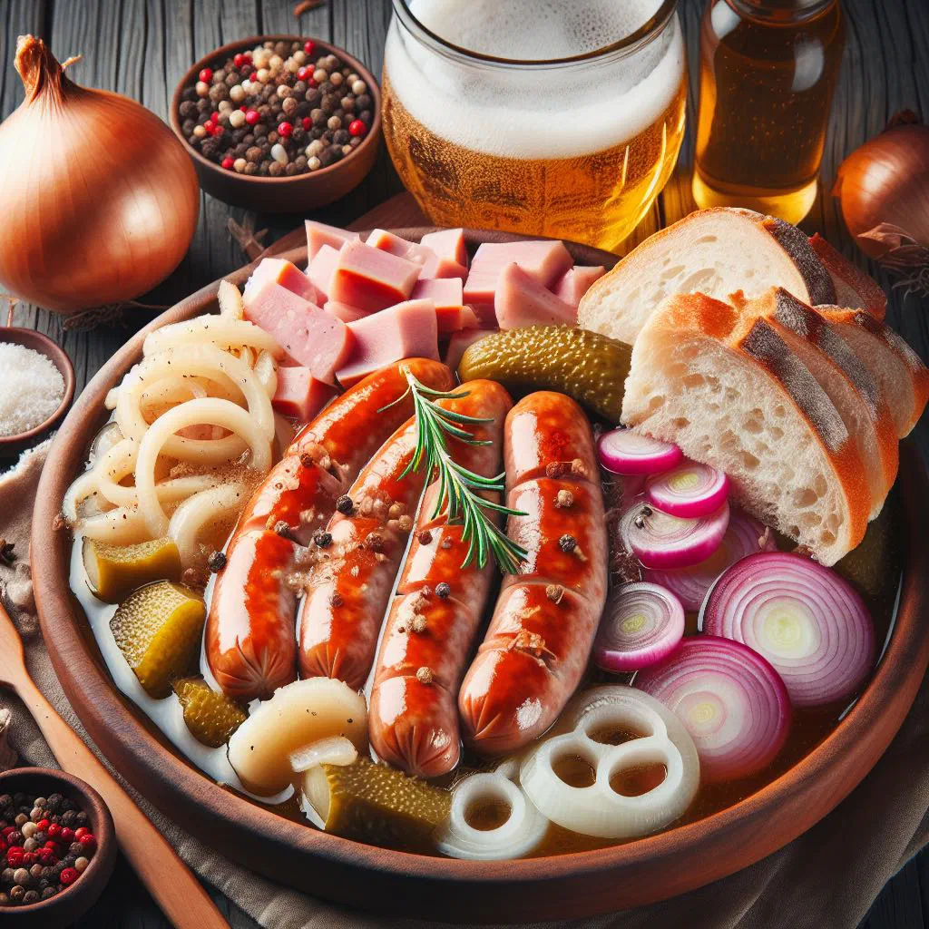 Vinegar-pickled sausages with onion rings and peppercorns in a jar