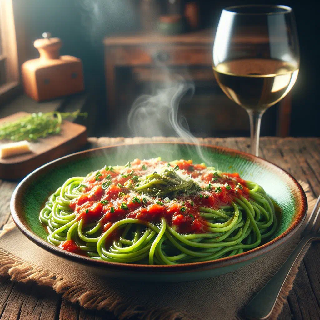 Vegetable pasta tossed in a rich tomato sauce, garnished with fresh herbs