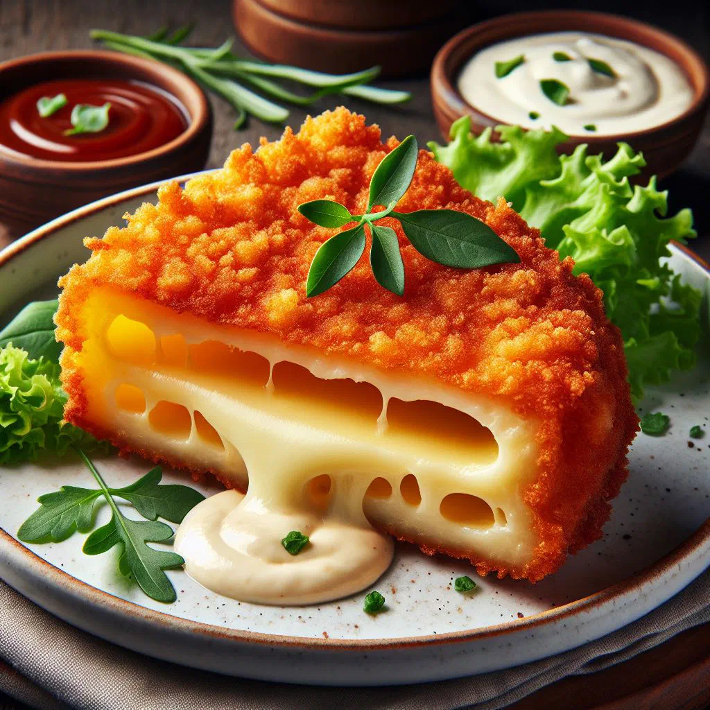 Golden breaded fried cheese served with chips and fresh salad